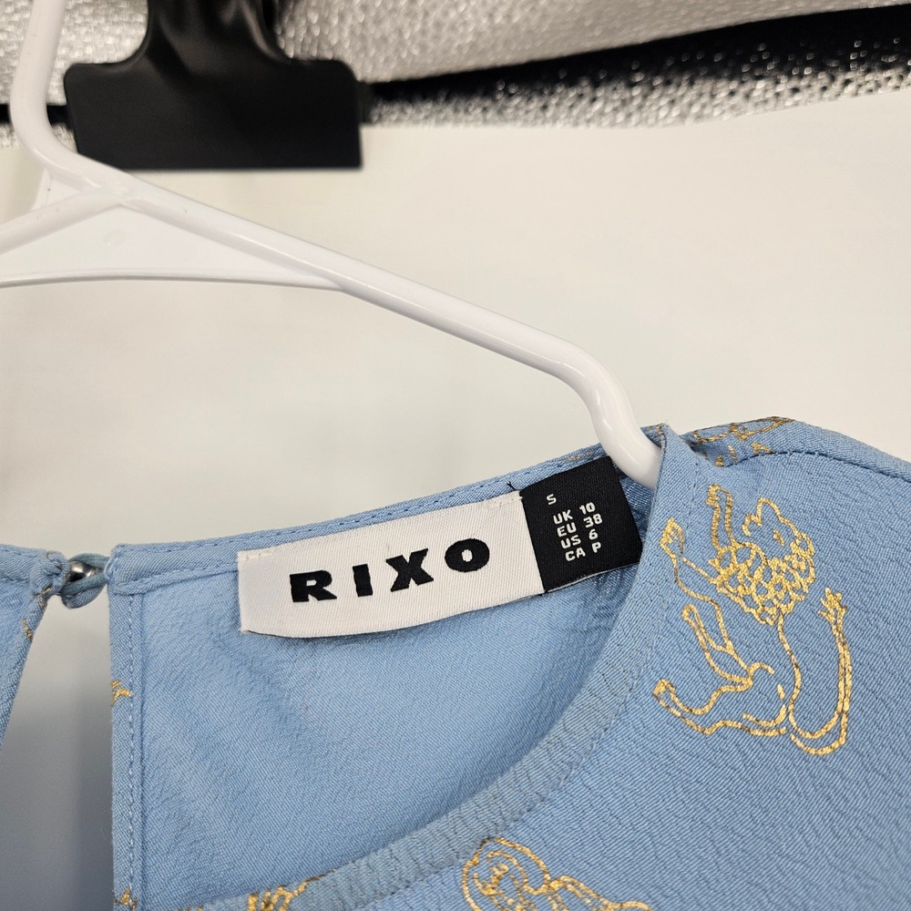 RIXO A-line Dress Blue Gold Metallic Zodiac Print Smocked Puff Sleeves Maxi Sz 6 - Picture 3 of 6